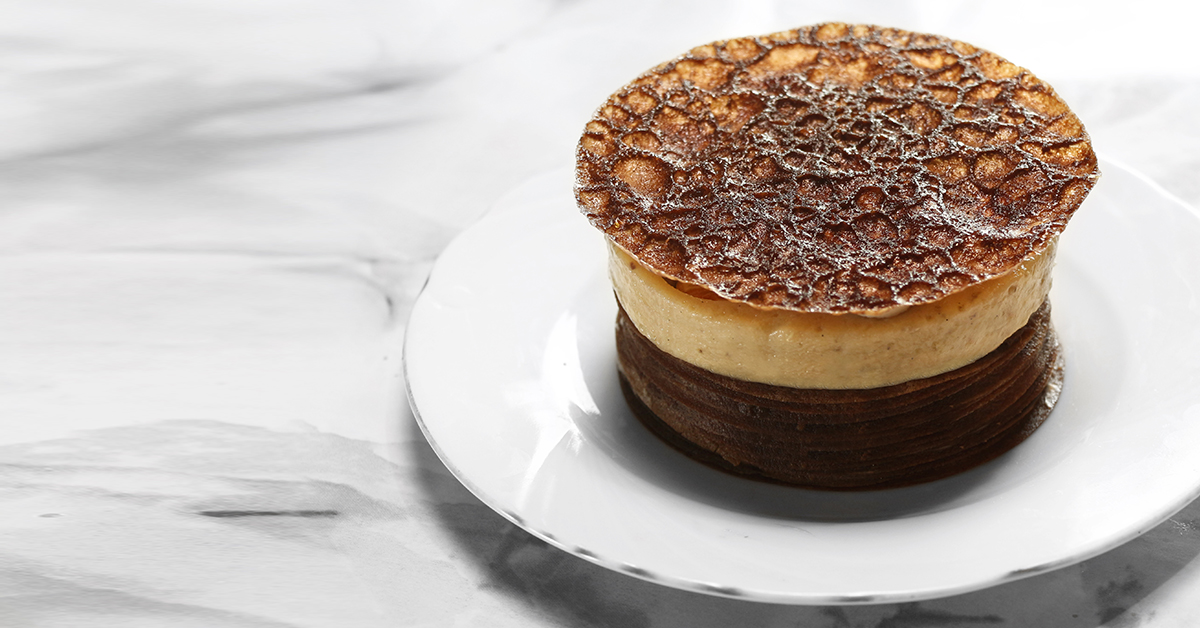 Crêpecake cacao compote banane Vanille Bleue — Escale Bleue