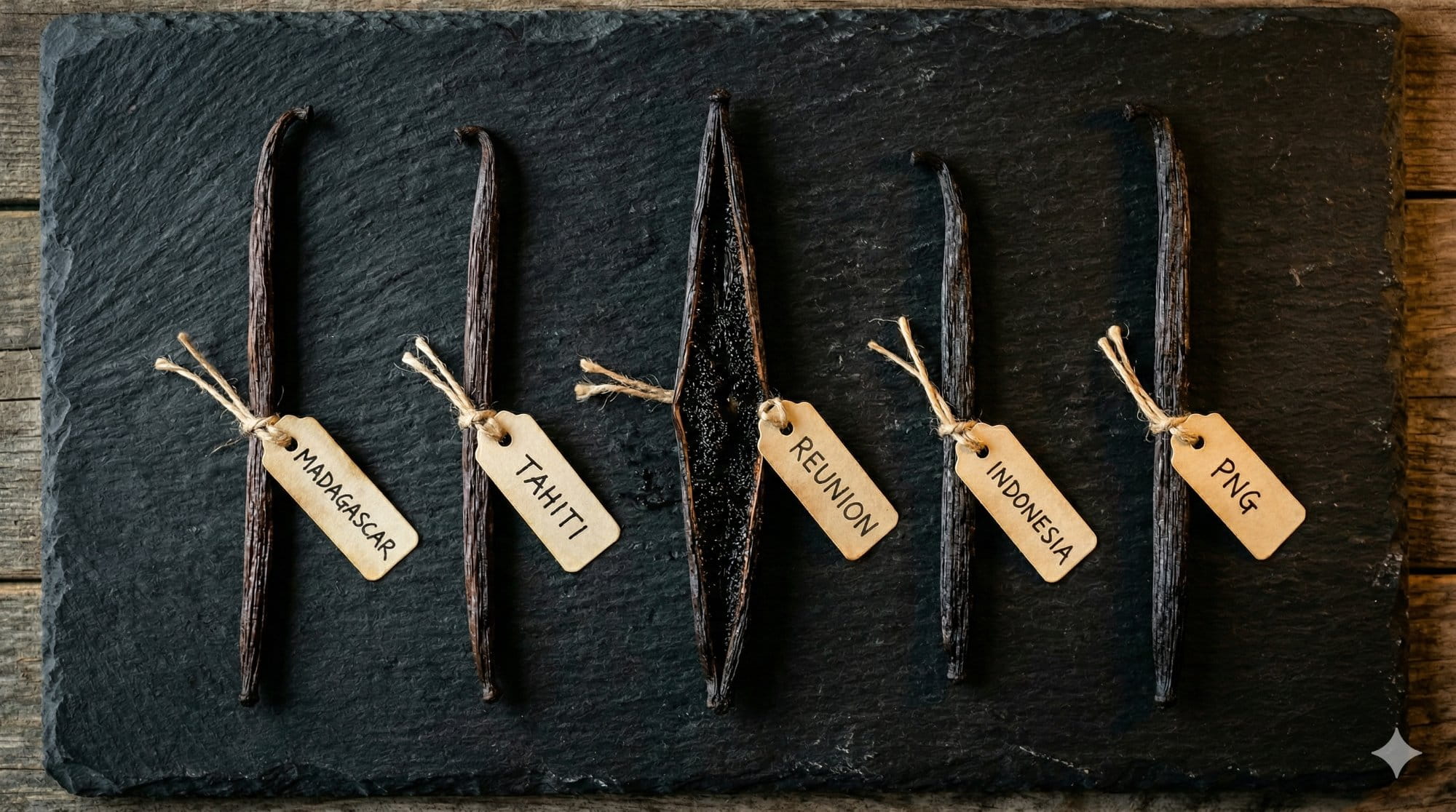 Illustration : Escale Bleue Comparatif des gousses de vanille du monde : Madagascar, Tahiti, Réunion, Indonésie, Papouasie-Nouvelle-Guinée — chaque origine identifiée par son étiquette