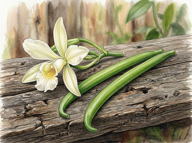 Fleur d'orchidée de vanille et gousses vertes avant affinage — illustration botanique aquarelle