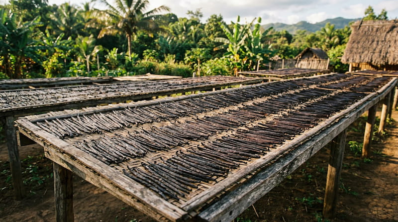 Séchage traditionnel de gousses de vanille planifolia sur claies en bois, sous le soleil tropical — méthode standard de préparation