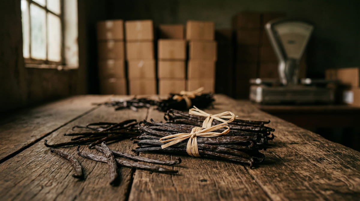 Gousses de vanille noire dans un entrepôt d'exportation à Madagascar